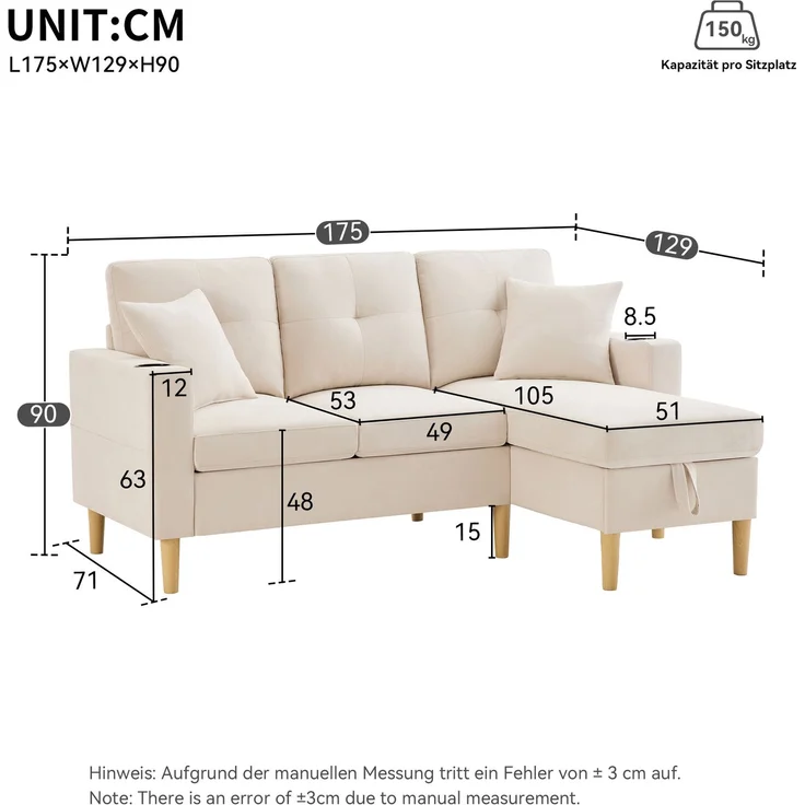 DESVIAE Sofa mit verschiebbarer Chaiselongue und Stauraum 175x90x129 cm Leinenoptik Beige – Bild 10