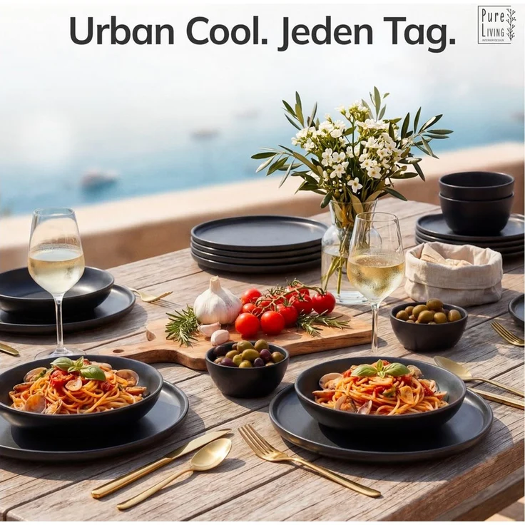 Steingut Geschirrset 12 Pers. Manhattan 36-tlg Hochwertiges Urban Style TEST SEHR GUT Steingut Geschirr Set- Schüssel- und Teller Set- Tafelservice 12 Personen Geschirrsets Pure Living in matt schwarz – Bild 2