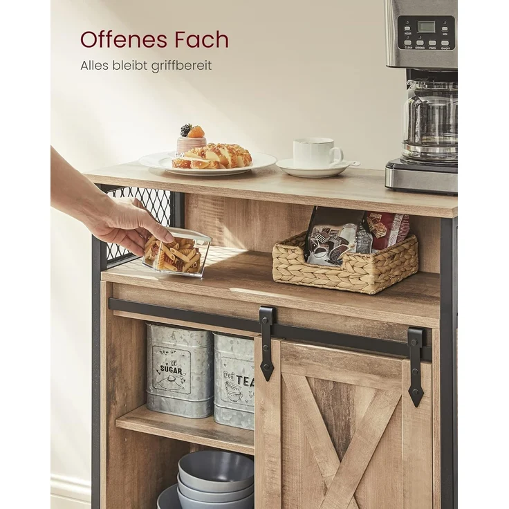 VASAGLE Sideboard, Küchenschrank, Aufbewahrungsschrank, mit Schiebetür, 30 x 70 x 80 cm, verstellbare Ablage, offenes Fach, Landhausstil, für Wohnzimmer, eichenbraun-schwarz LSC089B50 – Bild 5
