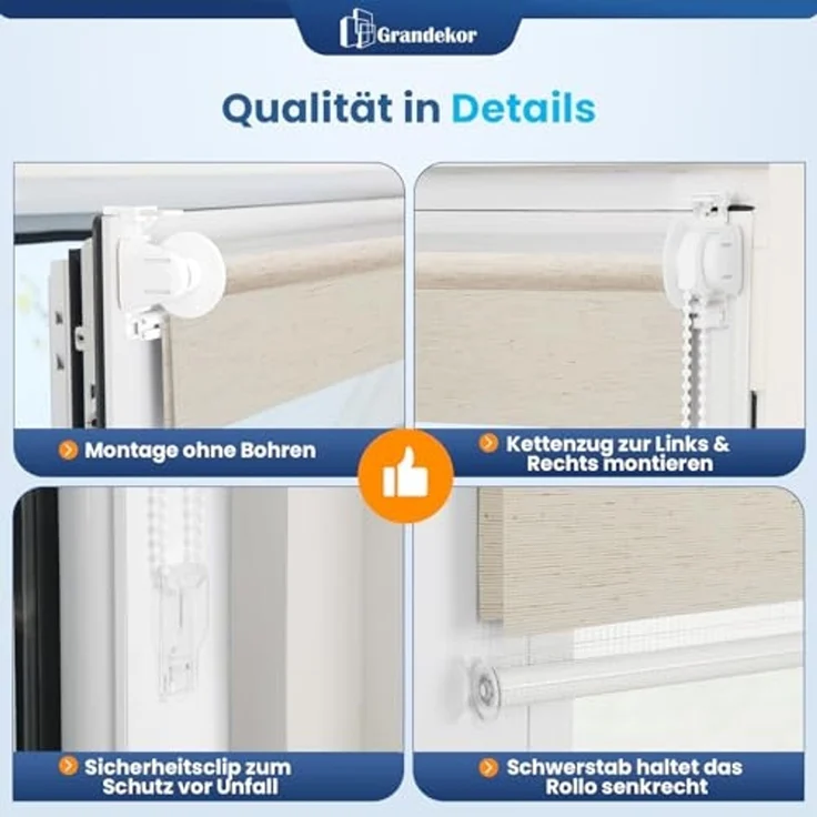 Grandekor Doppelrollo Klemmfix ohne Bohren Leinen 110x150 cm(Stoffbreite 106cm) Fenster Rollos für innen Klemmrollos Duo Rollos für Fenster ohne Bohren mit Bohren Privatschutz UV-Schutz Zebrarollo – Bild 5