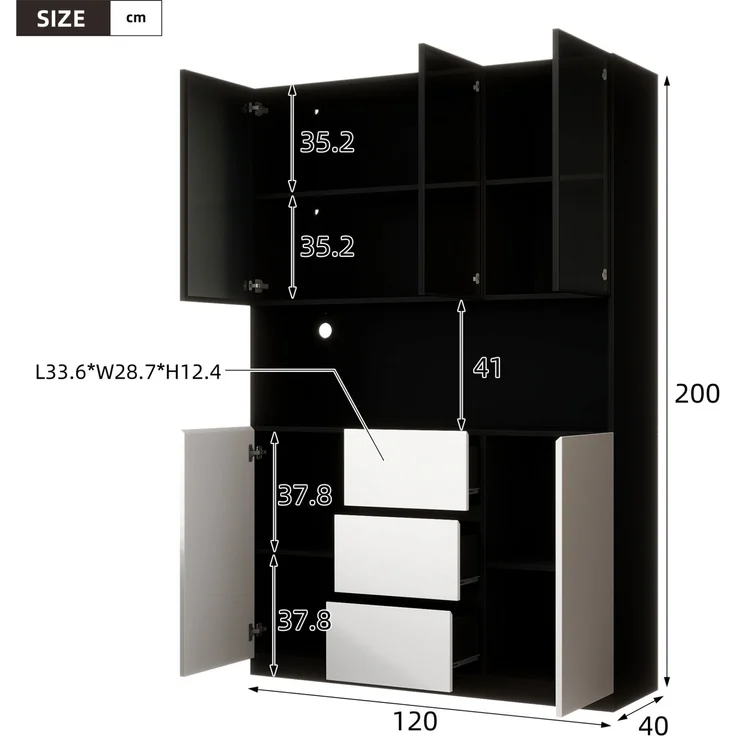 Glasvitrine mit LED-Beleuchtung, 120x40x200 cm, Schwarz, mit offenen Fächern und 3 Schubladen – Bild 6
