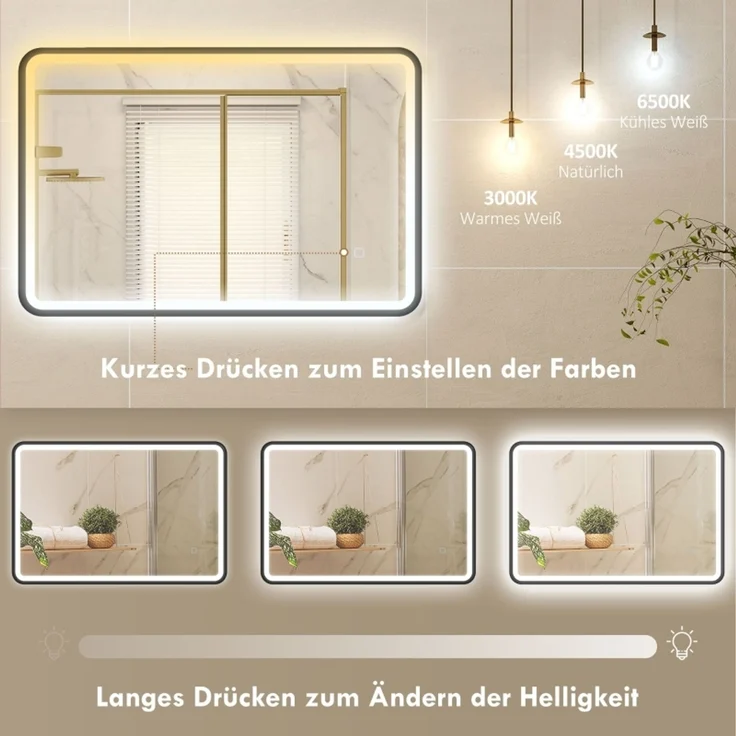 LED-Badspiegel 90 x 60 x 4 cm aus gehärtetem Glas mit schwarzem Aluminiumrahmen, dimmbar – Bild 5