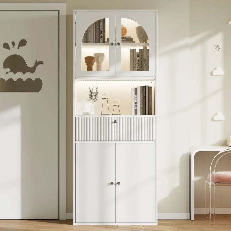 ZUBALIYA LED Glasvitrine, Bücherschrank, Büroschrank mit RGB LED Lichtleisten, Figurenvitrine, Stauraumschrank, Büromöbel, mit Schubladen, Sammlervitrine, Hochschrank, LED Beleuchtung, Weiß, 70 x 35 x 180 cm – Bild 3