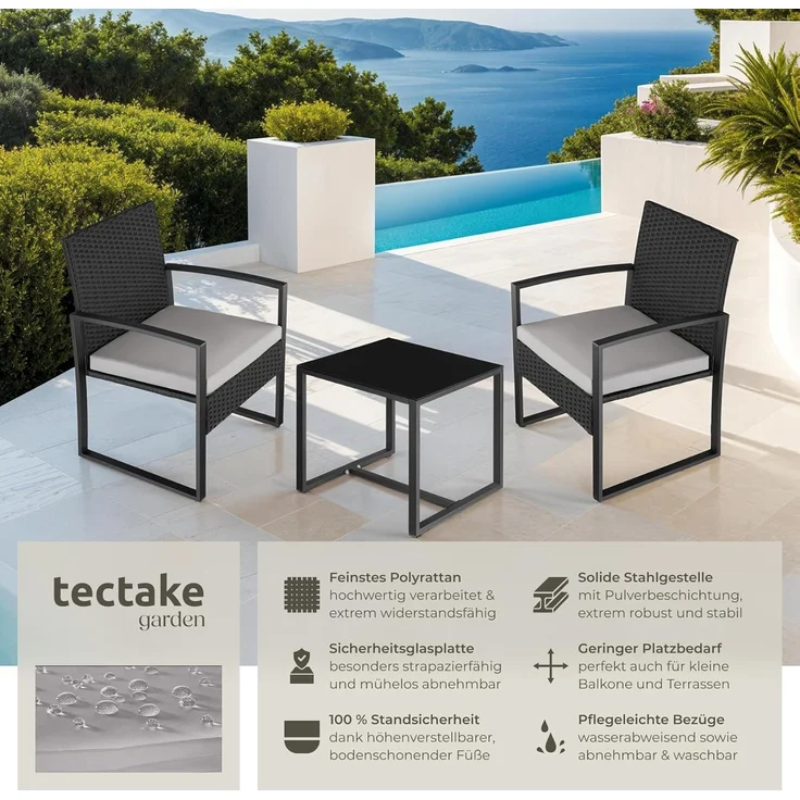 tectake® Rattan Sitzgruppe 2X Sessel mit Tisch, Balkon Möbel Set, Gartenmöbel, Balkonmöbel, Lounge klein, Stühle mit Polster inkl. Gartentisch Outdoor, wetterfest – Bild 2