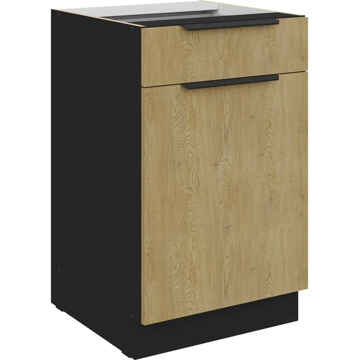 Küchen Unterschrank 50 cm CREMONA Eiche hell + Schwarz matt Vollauszug Soft-Close Küche Küchenzeile Einbauküche Küchenblock – Bild 1