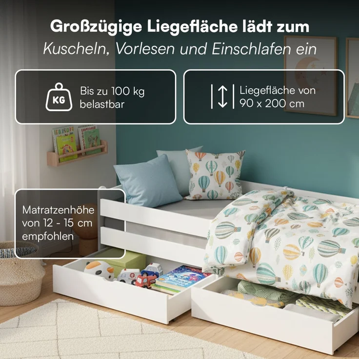 Bellabino 'Kuru' Kinderbett 90x200 cm mit Matratze und 2 Schubladen, weiß, Jugendbett mit Rausfallschutz und Lattenrost – Bild 5