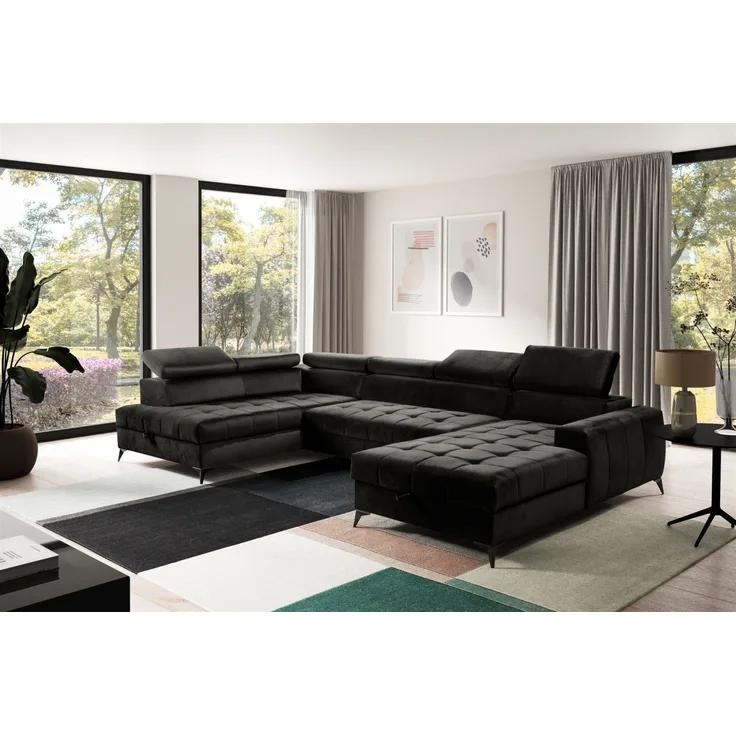 Wohnlandschaft Schlafsofa AGNESA Stoff Salvador Schwarz Ottomane Rechts