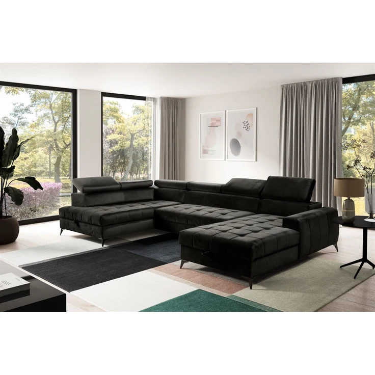 Wohnlandschaft Schlafsofa AGNESA Stoff Salvador Schwarz Ottomane Rechts – Bild 1