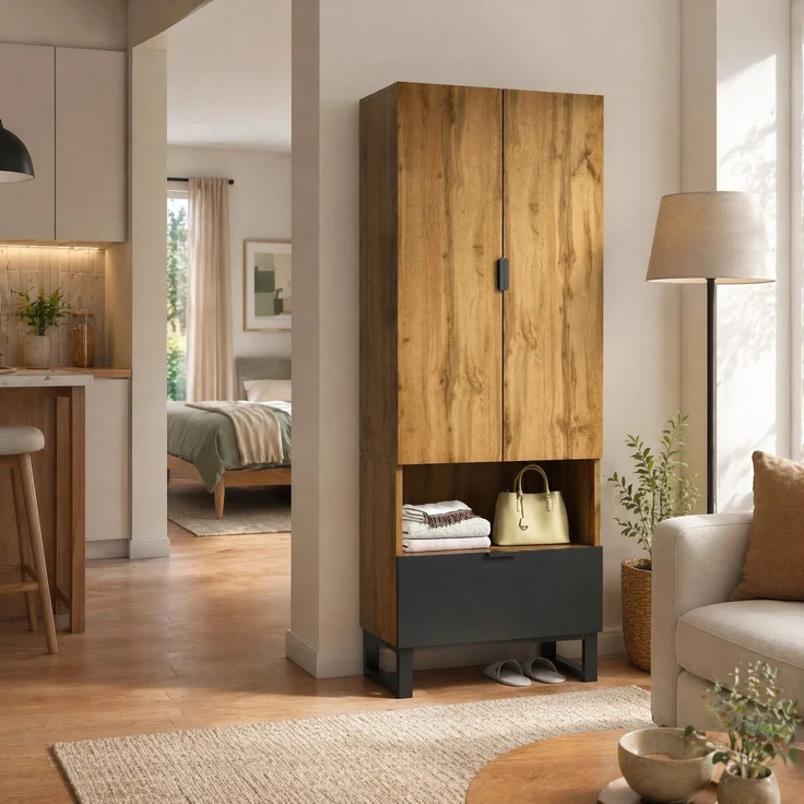 DESVIAE Garderobenschrank mit Kleiderstange und Schublade, 65x180x38 cm, Spanplatte, Natur/Schwarz – Bild 2