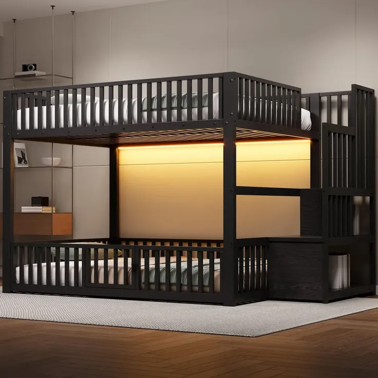 Etagenbett mit 1 Lattenrost, RGB LED-Streifen, Rausfallschutz und Tür, Treppe mit Regal, 140x200 cm, Kinderbett, Metallbett – Bild 2