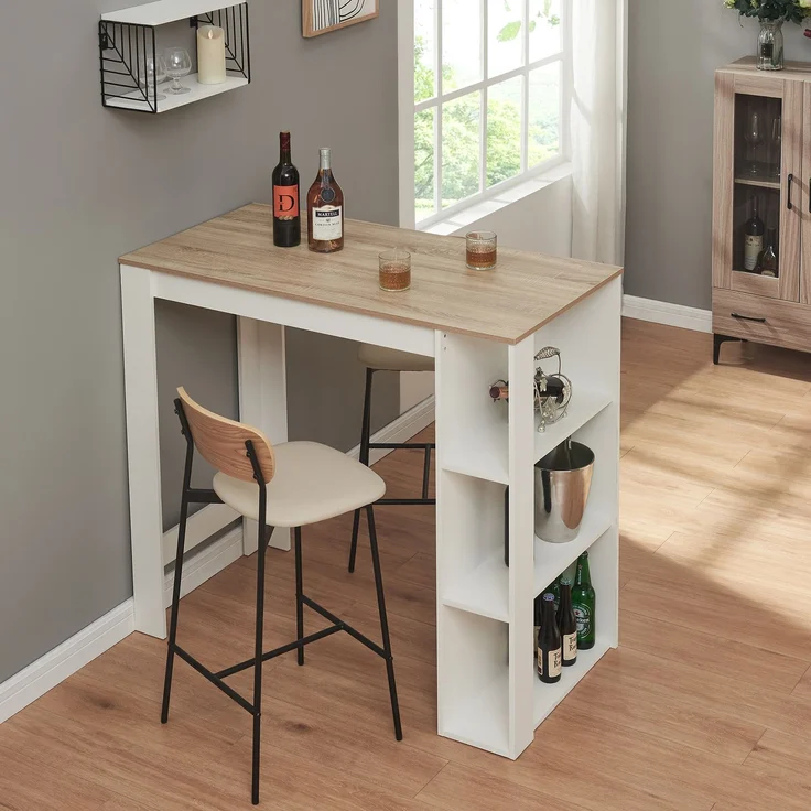 Bartisch Danderyd 120x60x106 cm mit 3 Ablagefächern Weiß/Eicheoptik [en. casa] – Bild 2