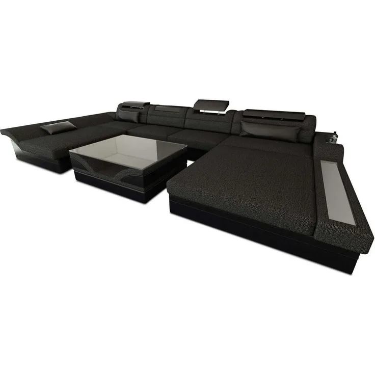 Stoff-Wohnlandschaft Monza LED U-Form - Strukturstoff - Schwarzgrau-Schwarz - Rechts