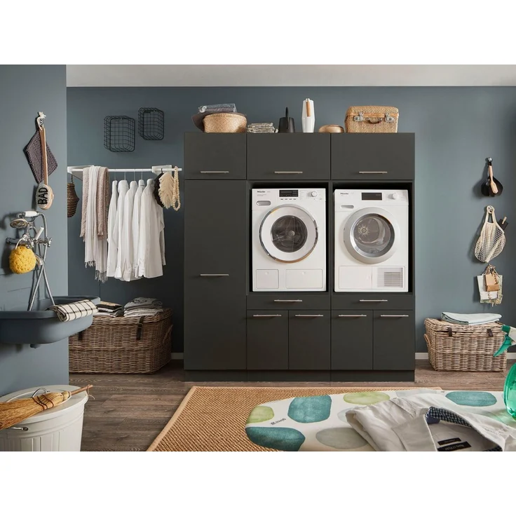 LAUNDREEZY 2x Waschmaschinenschrank, Mehrzweckschrank und 3x Schrankaufsatz, Anthrazit - Waschmaschinen-Überbauschrank TÜV-zertifiziert mit viel Stauraum - 185 x 200 x 67,5 cm (B/H/T) – Bild 1