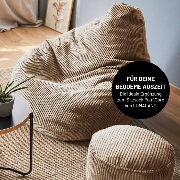 Lumaland 'GIANT' Sitzsack, Stabile Lehne, verdeckter Reißverschluss, Cord Beige, 100 x 132 x 96 cm – Bild 8