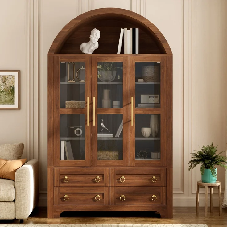 Flieks Vitrinenschrank, Hochschrank mit 3 Glastüren, 4 Schubladen & offener Bogennische, 110 x 40 x 185 cm, Walnussholzfarbe – Bild 3