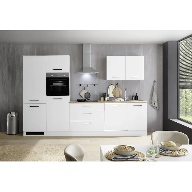 Küchenzeile >Tirol< inkl. Geräte + Spüle, Weiß matt / Wotan Eiche - 310x212x60cm (BxHxT) – Bild 1