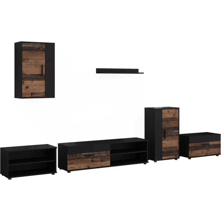 Wohnwand Berno Schwarz/Oldstyle 6-teiliges Set Vicco – Bild 1