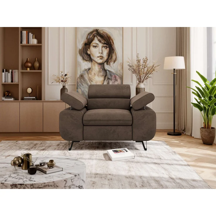 Einzelsessel, Polstersessel PETER mit verstellbaren Armlehnen und Kopfstütze, 1-Sitzer Sofa, Ohrensessel, Wellenfeder - Braun Velvet – Bild 4