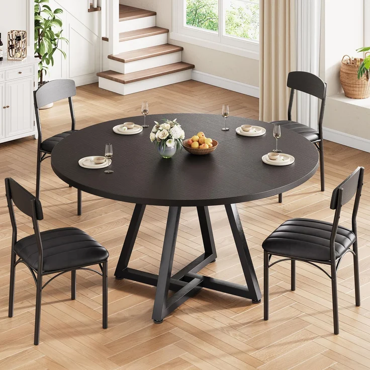 Esstisch Runder und 4 Esszimmerstühle Set, Essgruppe 5-Teilig, Küchentisch mit stabilem Metallgestell und 4 stühle, platzsparender Esszimmertisch aus Holz im Industrial Design (Schwarz, 120cm) – Bild 1
