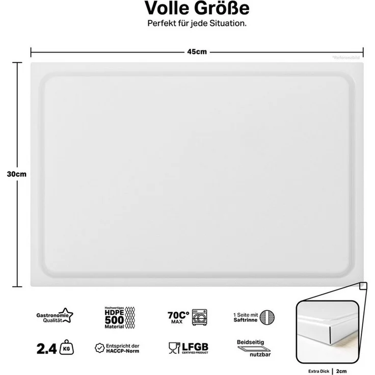 MUVELL Schneidebrett Kunststoff, Weiß, 45x30x2 cm, mit Saftrille, EXTRA dick, Kunststoff, (Stück, 1-St, Schneidebrett), messerschonend,Saftrille,Extra Dick – Bild 2