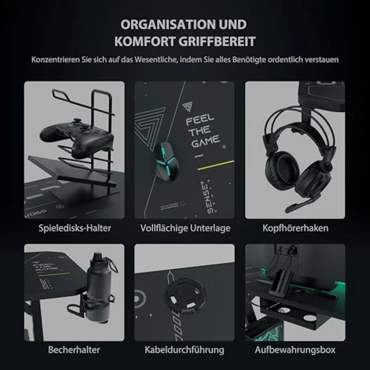 SENSE7 Schreibtisch Nomad Cybernetic, Gaming Tisch 100x50, PC Tisch mit Kopfhörerhaken, Getränkehalter, Controller Halter, Gaming Computertisch mit Kohlefaseroberfläche, Ergonomischer Gaming Desk – Bild 8