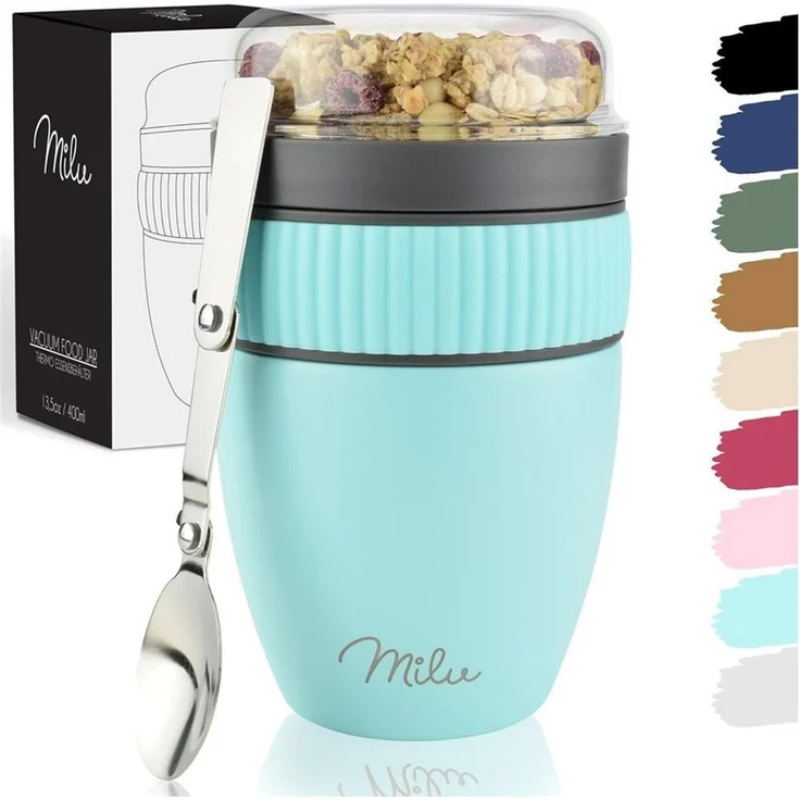 Milu Müslibox Müslibecher To Go Edelstahl 400 ml, isoliert, auslaufsicher, Müslimax Set – Bild 1