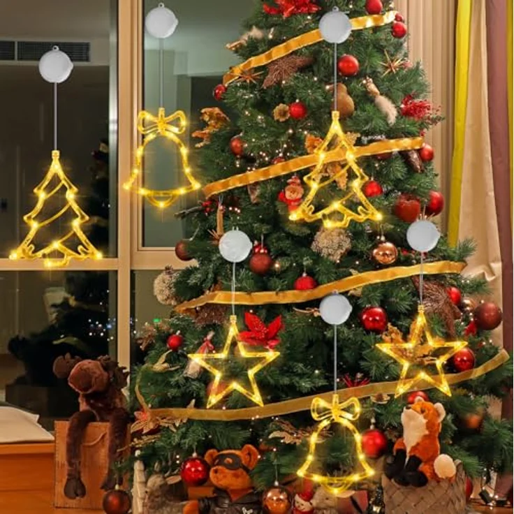 OUILA 4er Set LED Weihnachtsdeko Fenster, Stern + Weihnachtsbaum + Glocke Weihnachtsstern Fenster Batterie und Timer Saugnapf Lichterkette für Fensterbeleuchtung Weihnachten Innen Weihnachtsgeschenke – Bild 7