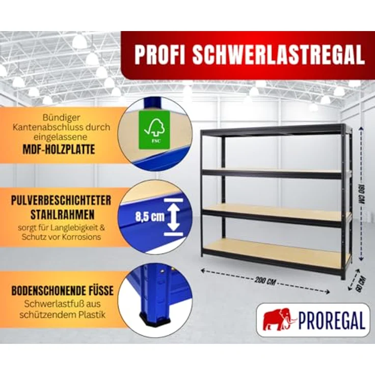 PROREGAL Schwerlastregal Dino Extra Breit 180 x 200 x 60 cm Fachlast 500kg Schwarz, Garagenregal, Lagerregal, Steckregal, Weitspannregal – Bild 3