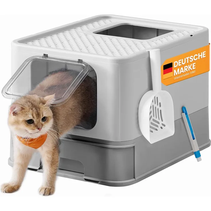 Feandrea Katzenklo, Katzentoilette, mit Deckel, ausziehbares Tablett, Schaufel, Bürste, für Katzen bis 15 kg, weniger Spuren, auslaufsicherer Boden, hellgrau-Taubengrau PPT001GD03