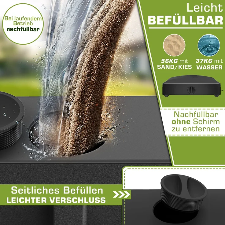 tillvex® Sonnenschirmständer PAVERA mit Rollen & Bremsen Schwarz | Schirmständer befüllbar 37 Liter / 56 kg | Schirmgewicht Sonnenschirm & Marktschirm Ø 1,8-3,7m | Ampelschirmständer wetterfest – Bild 4