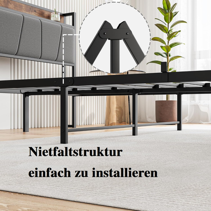 Homerecommend Metallbett 140x200 cm, Doppelbett und Jugendbett, mit RGB-LED-Beleuchtung und 2 USB-Anschlüssen, Vintage Schwarz – Bild 6