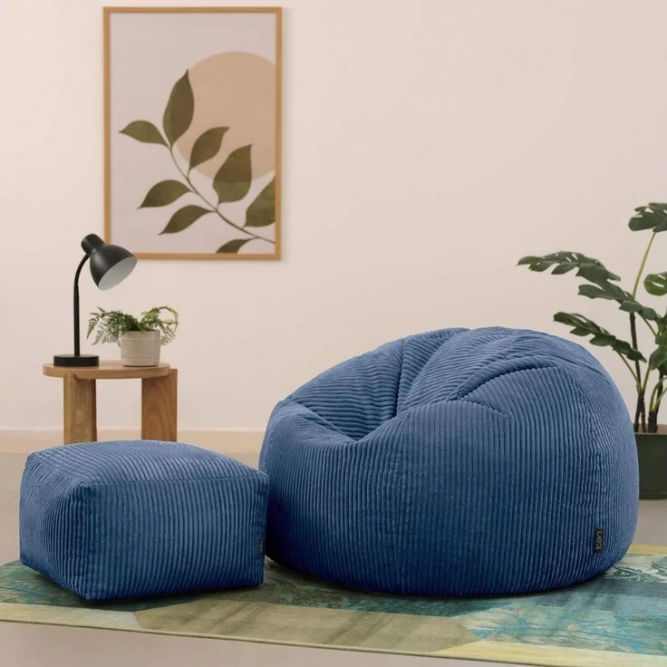 Icon Kingston Sitzsack mit Hocker Cord, Denimblau, Sitzsack Erwachsene mit Füllung, Bean Bag, Cord Sessel, Lounge Sessel, Lounge Stuhl, Schlafzimmer, Wohnzimmer, Wohnzimmer Möbel – Bild 3