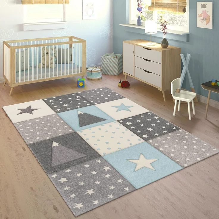Paco Home Kinderteppich Cosmo 340, rechteckig, Höhe: 17 mm, Kurzflor, Pastell-Farben, 3D Effekt, Motiv Berge, Punkte & Sterne – Bild 1