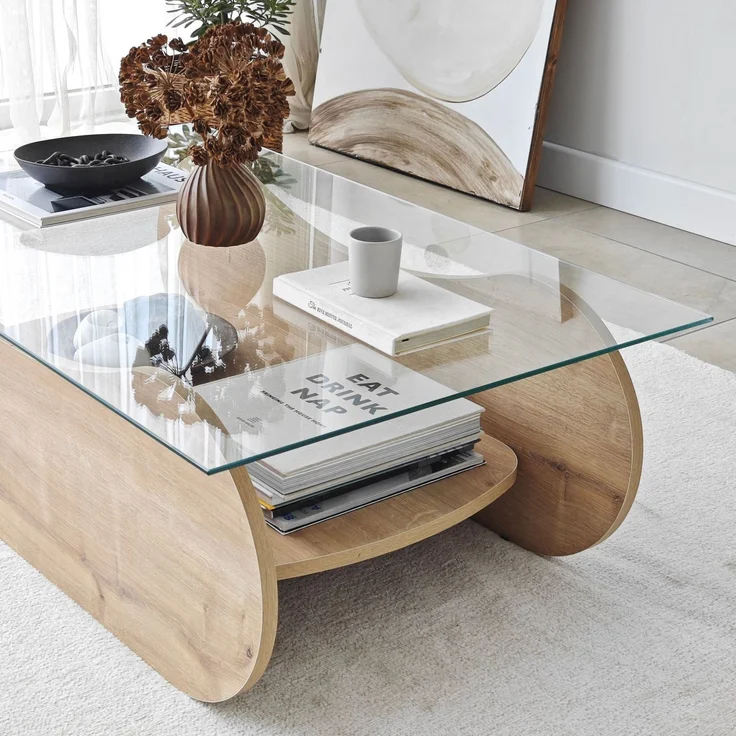 Modern Coffee Table, Sapphire Oak & Transparent, 105 x 35 x 65 cm | 100% Tempered Glass, 18 mm Melamine Coated Board, Stylish & Functional Design – Bild 7