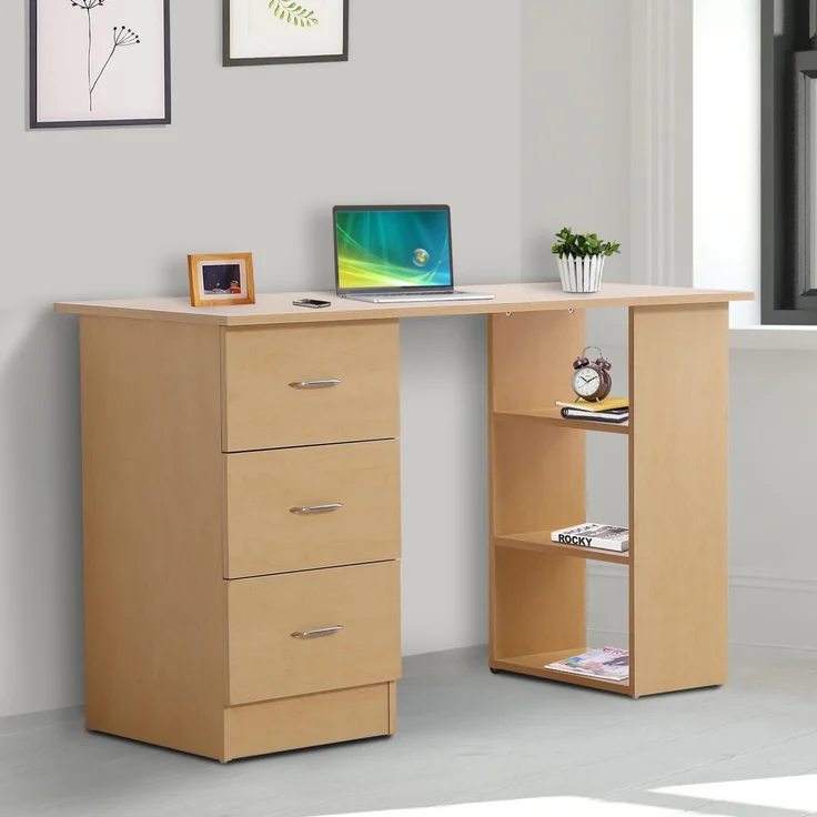 Schreibtisch mit Stauraum, Computertisch 120 x 50 cm, Computertisch mit Regalen und Schubladen, für kleine Räume, Schlafzimmer, helle Holzoptik – Bild 4