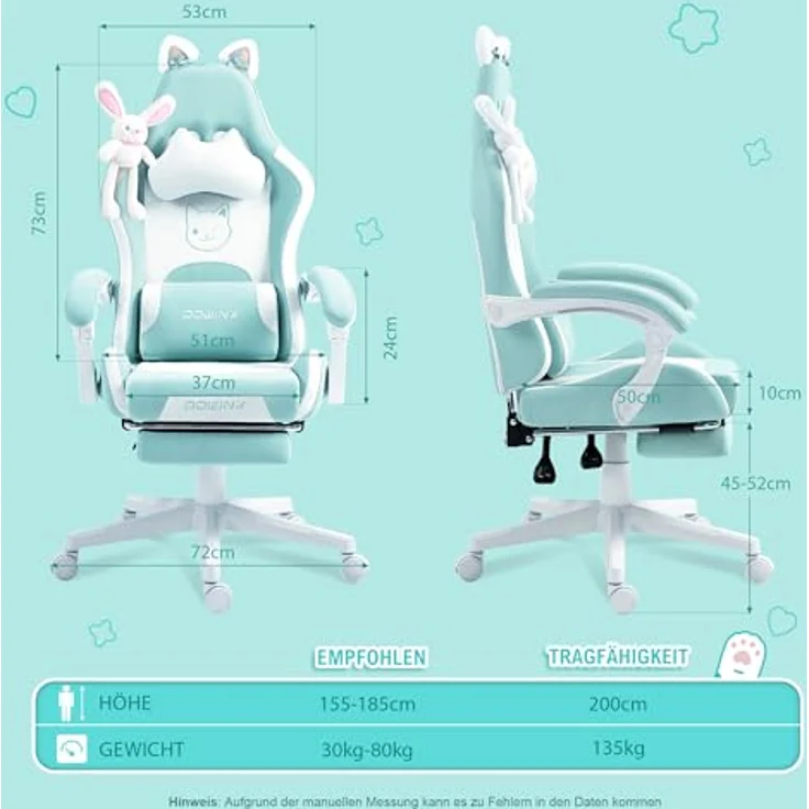 Dowinx Gaming Stuhl - Süße Katze Edition - Ergonomischer Computerstuhl mit Hoher Rückenlehne und Lendenwirbelstütze, PU-Leder, Fußstütze, Blau – Bild 4
