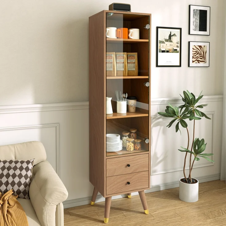 Moderner Hochschrank mit Glastür, Vitrinenschrank mit verstellbaren Regalen und 2 Schubladen, Standschrank für Wohnzimmer, Bad & Büro in Holz-Optik--Holz--39.8x35x160cm--YOUDENOVA – Bild 1