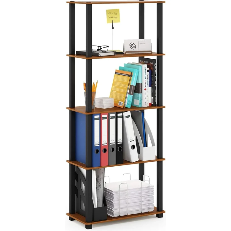 Furinno 5-Ebenen Mehrzweck-Regal mit quadratischen Röhren, holz, Helle Kirsche/Schwarz, 29. 46x59. 94x145. 8 cm – Bild 1