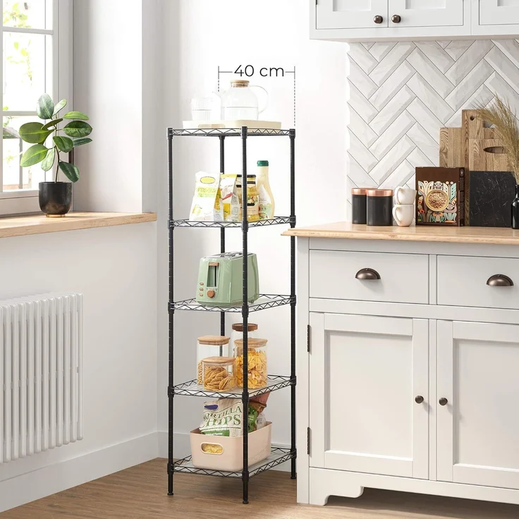 Songmics Küchenregal mit 5 Ebenen, Metallregal, Standregal, höhenverstellbare Gitterablage, mit PP-Kunststoffplatten, 8 S-Haken, für Küche, Wohnzimmer, bis zu 100 kg belastbar, schwarz LGR115B01 – Bild 2