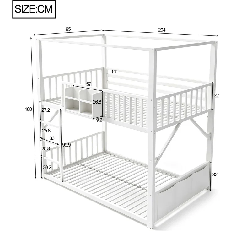 Metall-Etagenbett 90 x 200 cm für Kinder und Jugendliche, platzsparendes Einzelbettgestell mit Dachkonstruktion, Modernes Kinderetagenbett Weiß – Bild 3