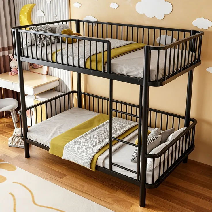 EINHOM Metall-Etagenbett 90*200 mit abgerundeten Ecken, erhöhten Beinen, Sicherheitsgeländer, platzsparend, Schwarz, Schwarz (Ohne Matratze)