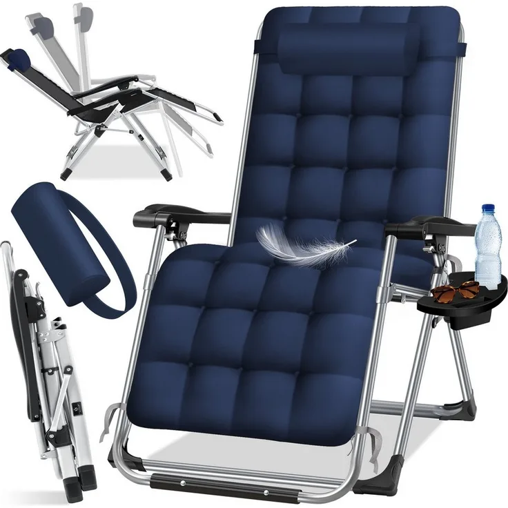 KESSER® Sonnenliege Liegestuhl Klappbar Mit Getränkehalter Gartenstuhl Mit Auflage Polster, Liegestuhl, Extra groß Gartenliege, Verstellbar Rückenlehne Garten Liege mit Kissen-Unterstützung Navyblau