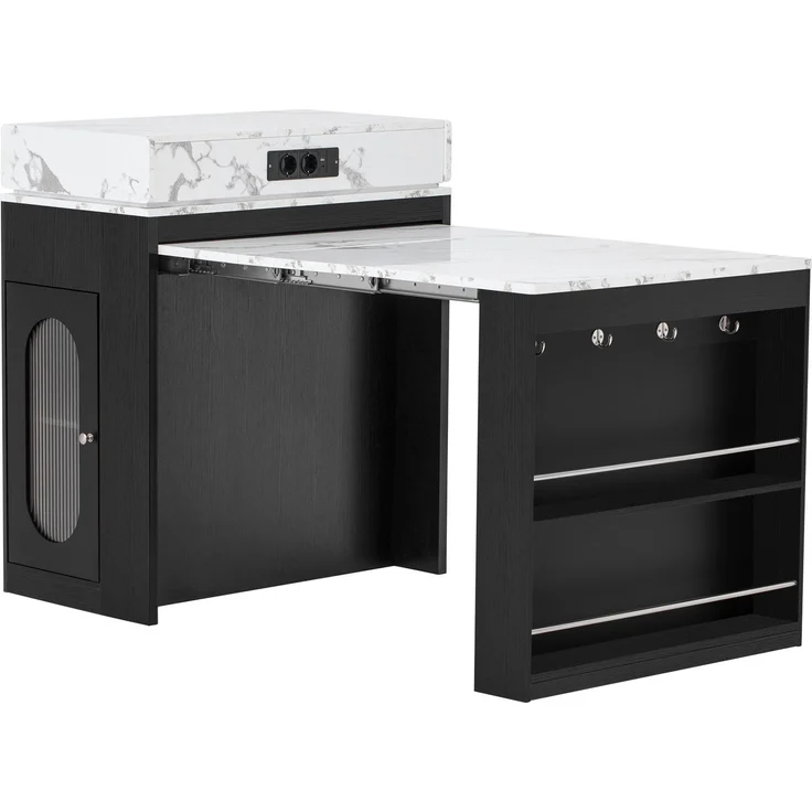 Merax Kücheninsel mit Rollen, Ausziehbarer Esstisch mit faltbarer Tischplatte, Bartisch mit Steckdosenleisten und Haken, dient als Kücheninsel, Sideboard oder Bartisch(Schwarz) – Bild 10