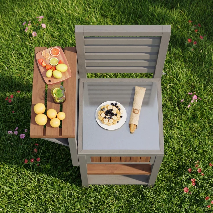 Merax Gartenschrank Holz Outdoor wetterfest – Geräteschrank mit großer Edelstahl-Arbeitsfläche & doppeltem Ablageboden, Grillstation mit zusätzlichem Stauraum, wetterbeständiger Küchenschrank – Bild 3