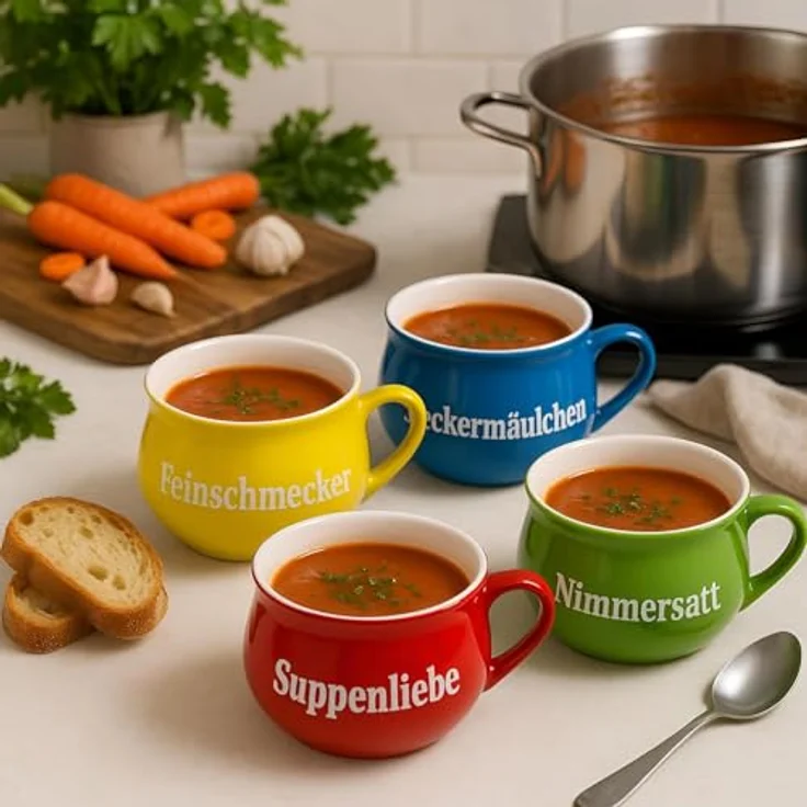 BURI Suppentassen 8er-Set aus Keramik | Bunte Henkel-Schüsseln mit Sprüchen | 400 ml | Spülmaschinenfest & mikrowellengeeignet | Mediterraner Stil – Bild 3