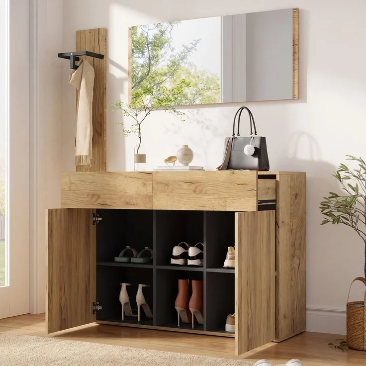 Garderoben-Set mit Spiegel, Kleiderstange & Schuhschrank, 125x35x178 cm, Natur/Schwarz – Bild 3