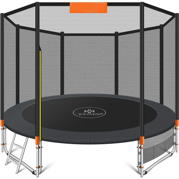 KESSER® - Trampolin | TÜV Rheinland GS Zertifiziert | Komplettset mit Sicherheitsnetz, Leiter, Randabdeckung, Seitentasche & Zubehör | Kindertrampolin Gartentrampolin Belastbarkeit 150 kg Orange, 427 cm – Bild 1