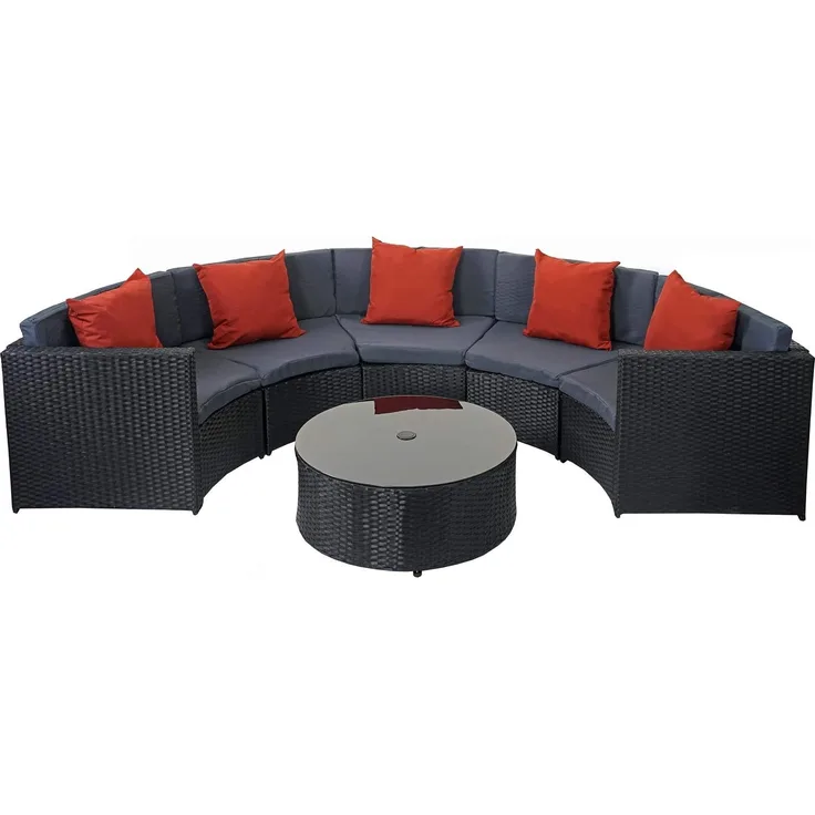 Poly-Rattan Garnitur rund HWC-E17, Garten-Set Sitzgruppe ~ schwarz, Polster dunkelgrau, Kissen terracotta