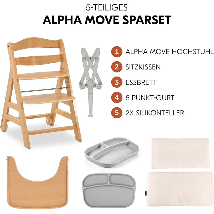 Hauck Hochstuhl Set Alpha Plus Move inkl. Essbrett, Sitzkissen und 2x Babyteller Silikon - mitwachsender Holz Babystuhl / Kinderhochstuhl mit Rollen, Gurt und Tisch - Natur Beige – Bild 2
