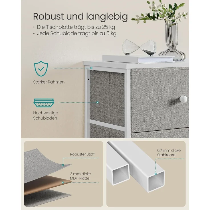 Songmics Kommode, Aufbewahrungsschrank mit 5 Stoff-Schubladen, Metallrahmen, hoch und schmal, taubengrau-cremeweiß LTSDE315G01 – Bild 6